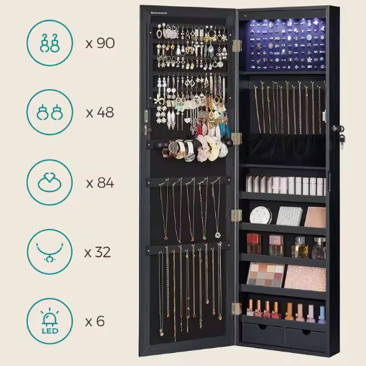 Sieradenkast met Spiegel – Wand- of Deurmontage, LED en Slot