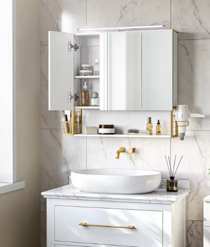 Badkamerkast met Spiegel en LED – Wandkast met Opbergrek en Föhnhouder