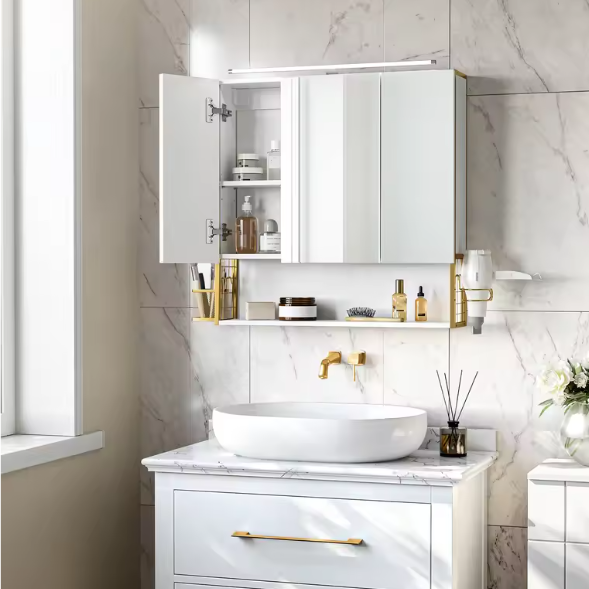 Badkamerkast met Spiegel en LED – Wandkast met Opbergrek en Föhnhouder