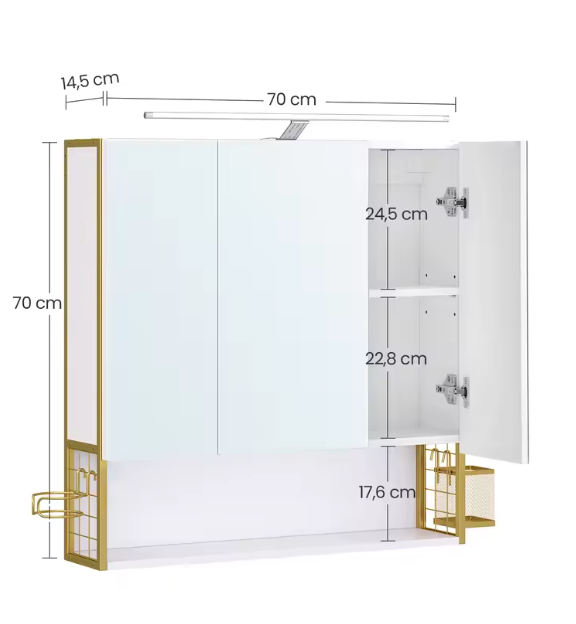 Badkamerkast met Spiegel en LED – Wandkast met Opbergrek en Föhnhouder