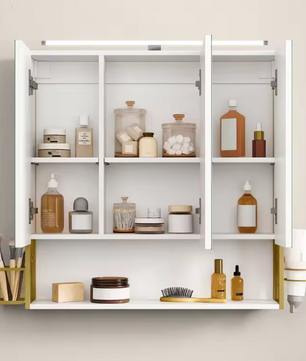 Badkamerkast met Spiegel en LED – Wandkast met Opbergrek en Föhnhouder