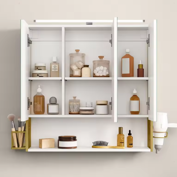 Badkamerkast met Spiegel en LED – Wandkast met Opbergrek en Föhnhouder