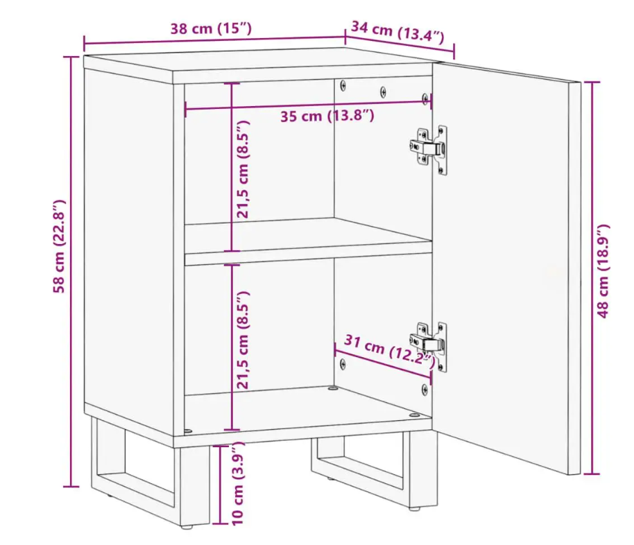 Badkamerkast van Mangohout – Massief Houten Opbergkast met Deur (38×34×58 cm)