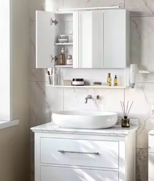 Badkamerkast met Spiegel en LED – Wandkast met Opbergrek en Föhnhouder (70×70 cm)