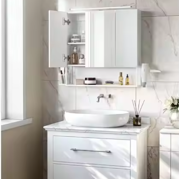 Badkamerkast met Spiegel en LED – Wandkast met Opbergrek en Föhnhouder (70×70 cm)