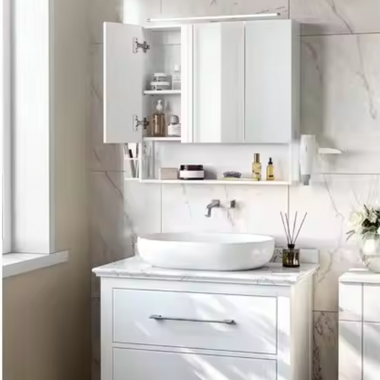 Badkamerkast met Spiegel en LED – Wandkast met Opbergrek en Föhnhouder (70×70 cm)