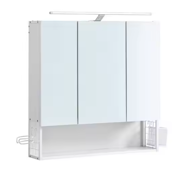 Badkamerkast met Spiegel en LED – Wandkast met Opbergrek en Föhnhouder (70×70 cm)