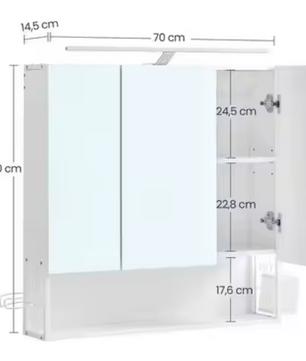 Badkamerkast met Spiegel en LED – Wandkast met Opbergrek en Föhnhouder (70×70 cm)