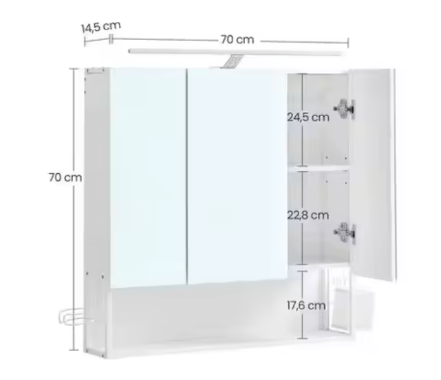 Badkamerkast met Spiegel en LED – Wandkast met Opbergrek en Föhnhouder (70×70 cm)