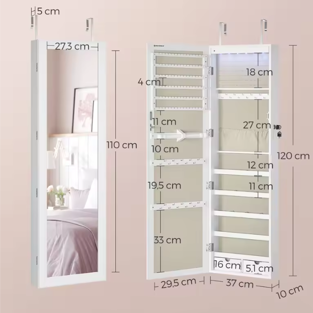 Sieradenkast met Spiegel – Wand- of Deurmontage, Slot en Ruime Indeling