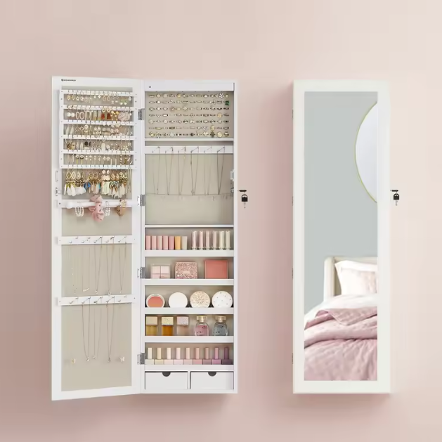 Sieradenkast met Spiegel – Wand- of Deurmontage, Slot en Ruime Indeling