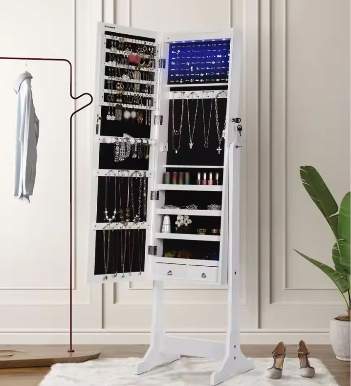 Sieradenkast met Spiegel – LED Verlichting, Slot en 4 Opbergplanken