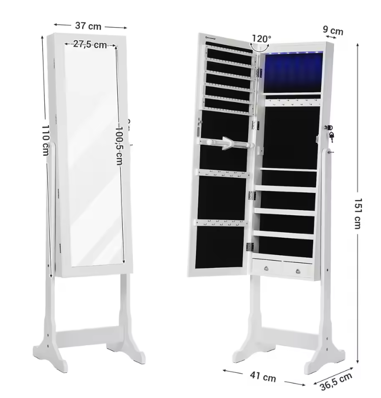 Sieradenkast met Spiegel – LED Verlichting, Slot en 4 Opbergplanken