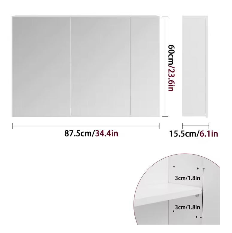 Badkamerkast met Spiegel – Wandkast met 3 Deuren en Opbergruimte