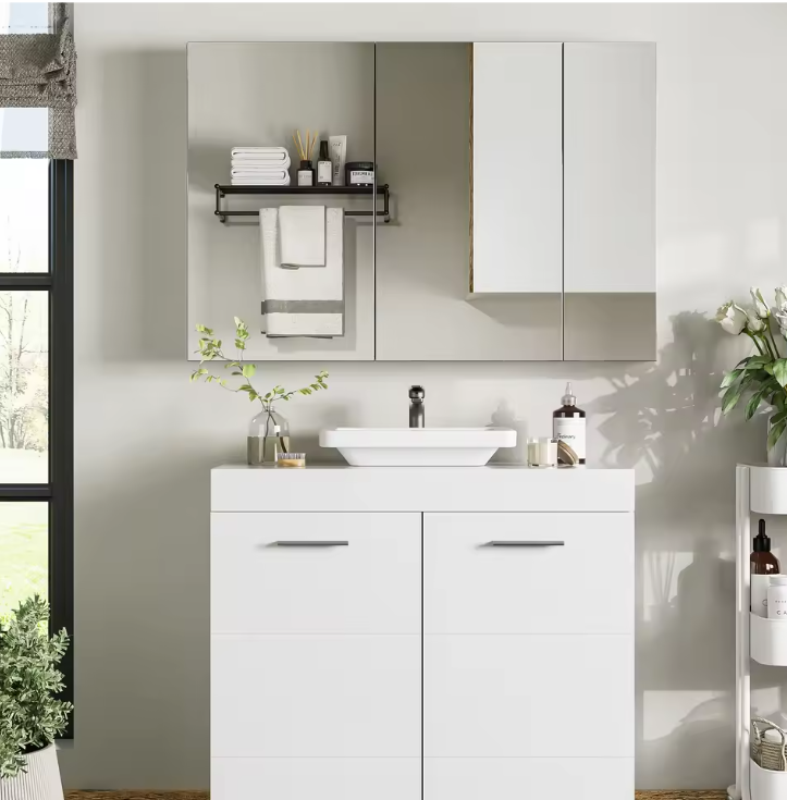 Badkamerkast met Spiegel – Wandkast met 3 Deuren en Opbergruimte