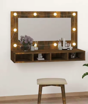 LED Badkamerkast met Spiegel – Gerookt Eiken, Wandkast met Open Planken (90×31,5×62 cm)