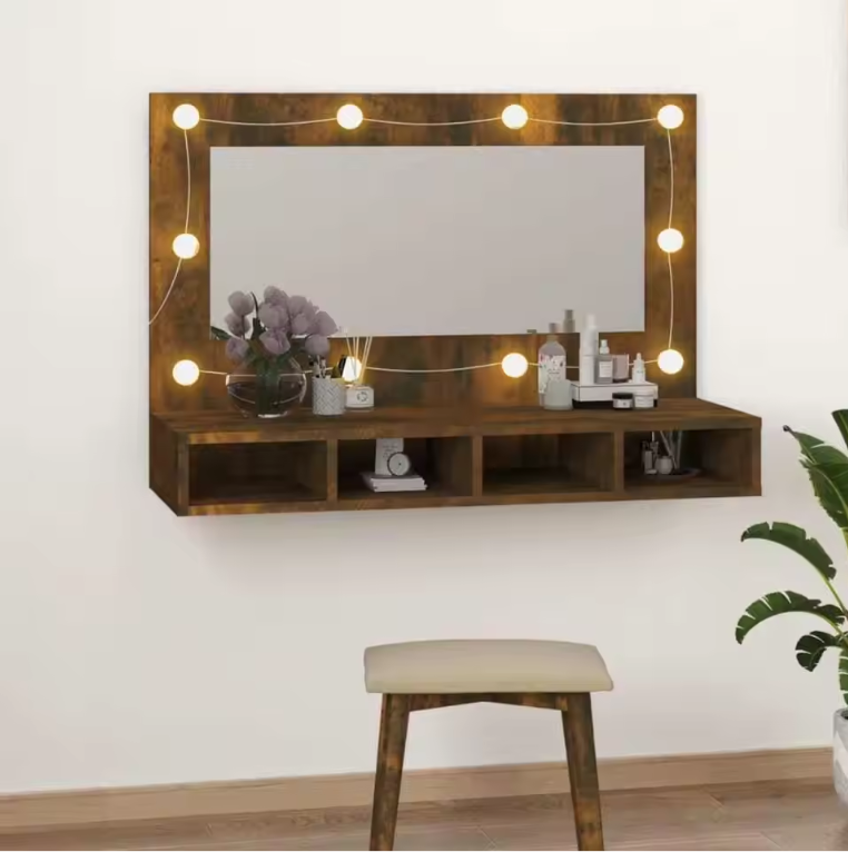 LED Badkamerkast met Spiegel – Gerookt Eiken, Wandkast met Open Planken (90×31,5×62 cm)