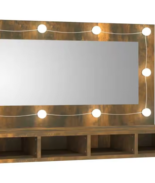 LED Badkamerkast met Spiegel – Gerookt Eiken, Wandkast met Open Planken (90×31,5×62 cm)