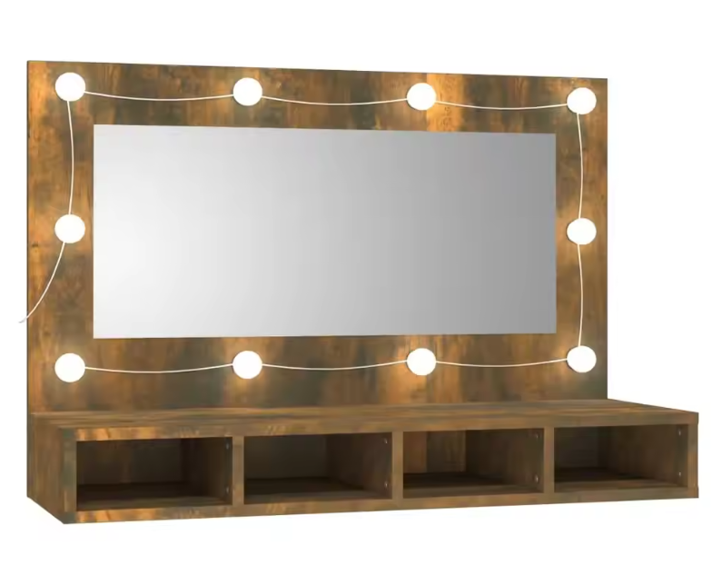 LED Badkamerkast met Spiegel – Gerookt Eiken, Wandkast met Open Planken (90×31,5×62 cm)