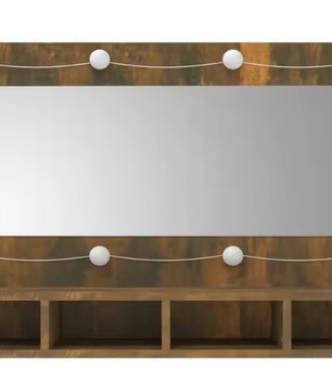 LED Badkamerkast met Spiegel – Gerookt Eiken, Wandkast met Open Planken (90×31,5×62 cm)