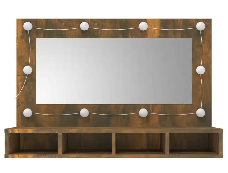 LED Badkamerkast met Spiegel – Gerookt Eiken, Wandkast met Open Planken (90×31,5×62 cm)