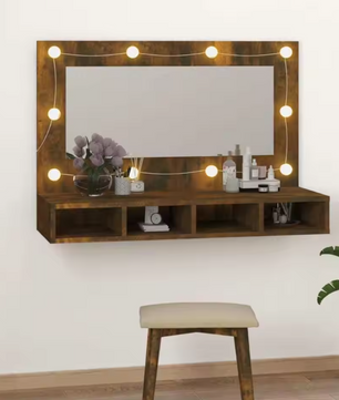 LED Badkamerkast met Spiegel – Gerookt Eiken, Wandkast met Open Planken (90×31,5×62 cm)