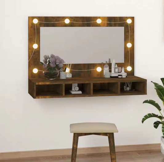 LED Badkamerkast met Spiegel – Gerookt Eiken, Wandkast met Open Planken (90×31,5×62 cm)