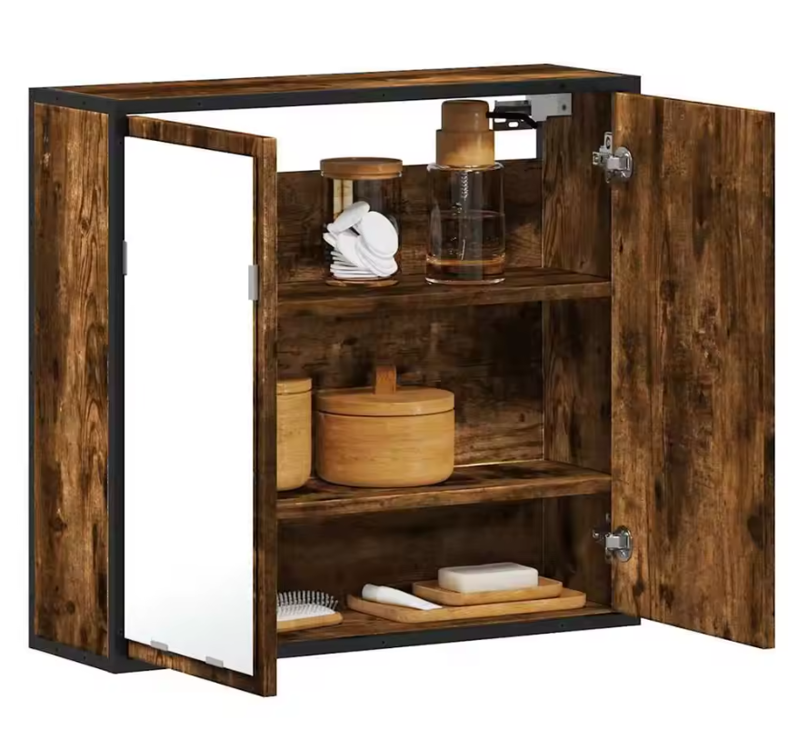 Badkamerkast met Spiegel – Gerookt Eiken Wandkast met Opbergruimte (65×20×60 cm)