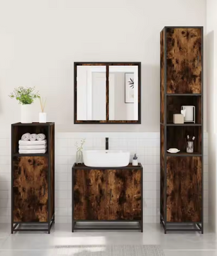 Badkamerkast met Spiegel – Gerookt Eiken Wandkast met Opbergruimte (65×20×60 cm)