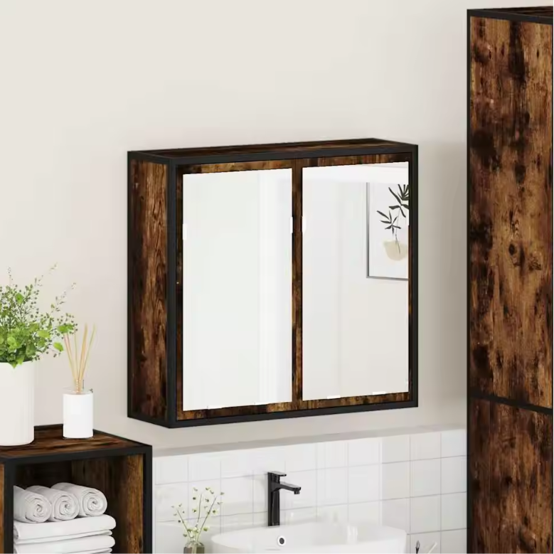 Badkamerkast met Spiegel – Gerookt Eiken Wandkast met Opbergruimte (65×20×60 cm)