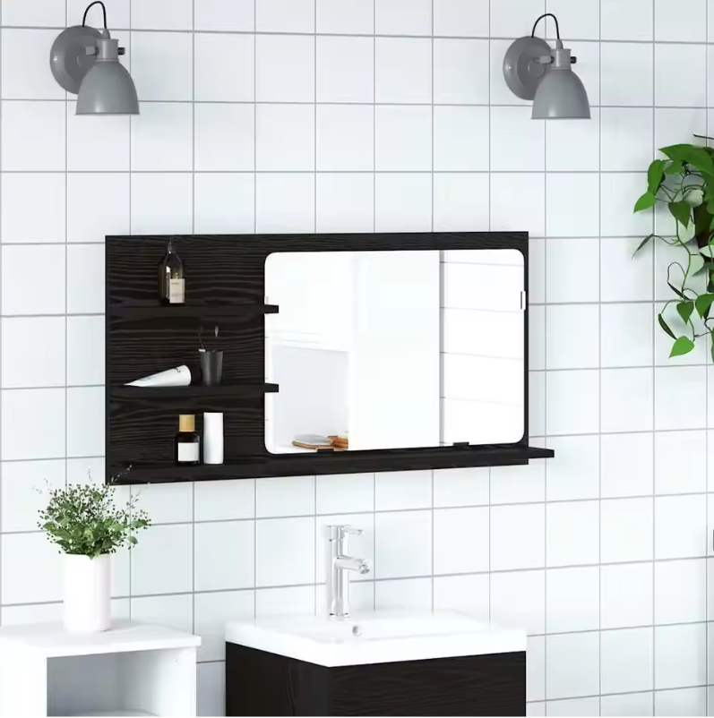 Badkamerkast met Spiegel – Zwart Eiken Wandkast met Opbergrek