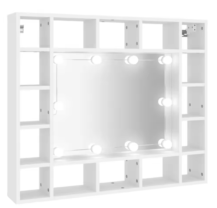 Witte LED Badkamerkast met Spiegel – Wandkast met 16 Vakken (91×15×76,5 cm)
