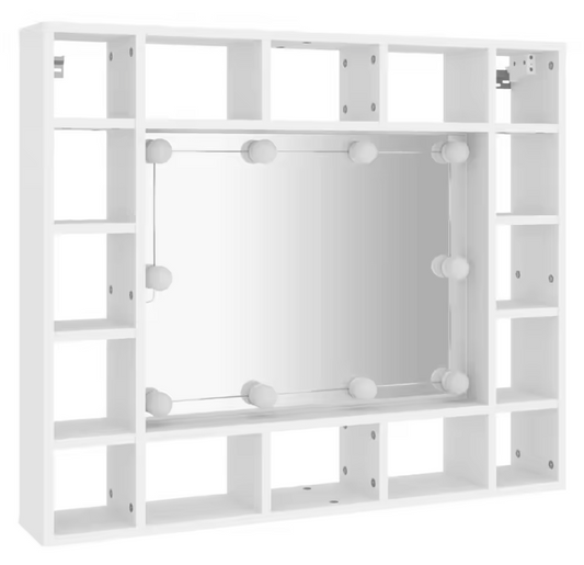 Witte LED Badkamerkast met Spiegel – Wandkast met 16 Vakken (91×15×76,5 cm)