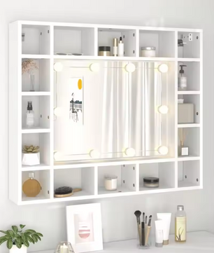 Witte LED Badkamerkast met Spiegel – Wandkast met 16 Vakken (91×15×76,5 cm)