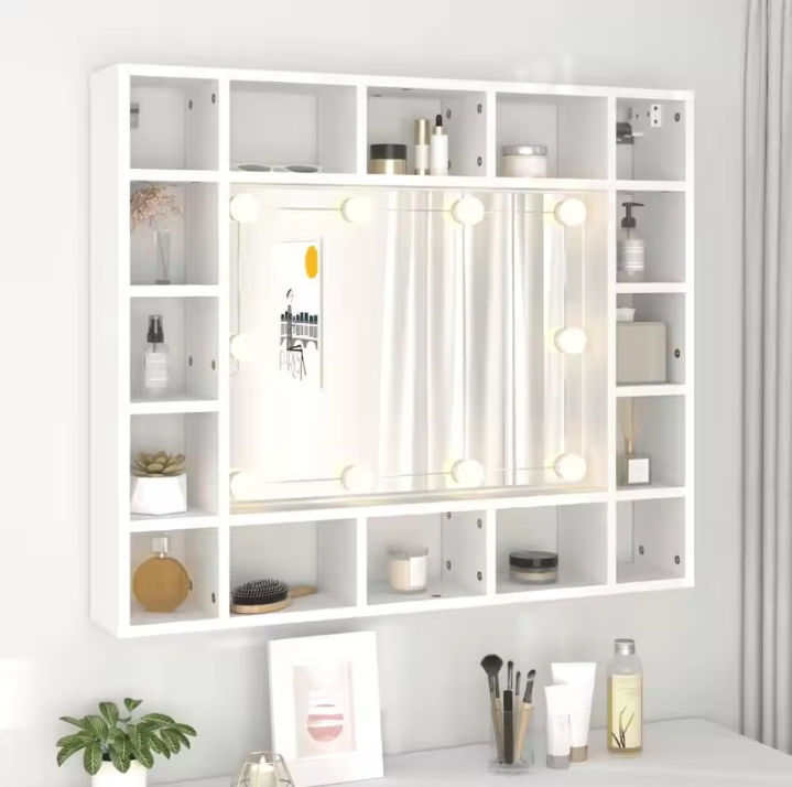 Witte LED Badkamerkast met Spiegel – Wandkast met 16 Vakken (91×15×76,5 cm)