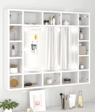Witte LED Badkamerkast met Spiegel – Wandkast met 16 Vakken (91×15×76,5 cm)