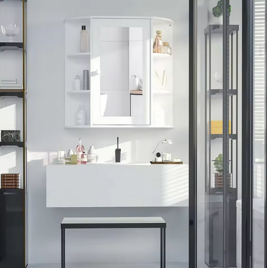 Witte Badkamerkast met Spiegel – Wandkast met 8 Vakken (66×17×63 cm)