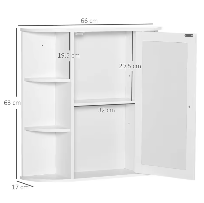 Witte Badkamerkast met Spiegel – Wandkast met 8 Vakken (66×17×63 cm)