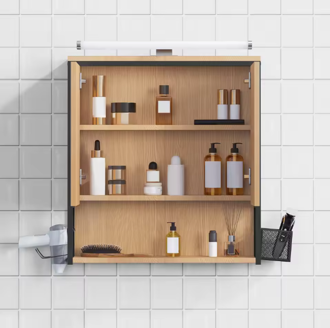 Badkamerkast met Spiegel en LED – Wandkast met Verstelbare Plank en Föhnhouder