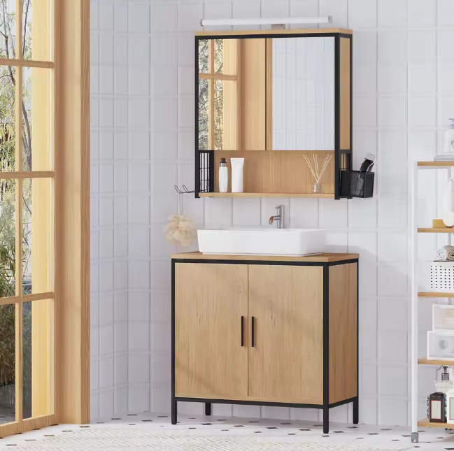 Badkamerkast met Spiegel en LED – Wandkast met Verstelbare Plank en Föhnhouder