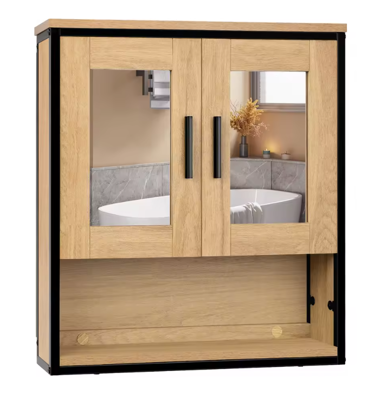 Badkamerkast met Spiegel – Hangende Wandkast met Verstelbare Plank (56×13×60 cm)