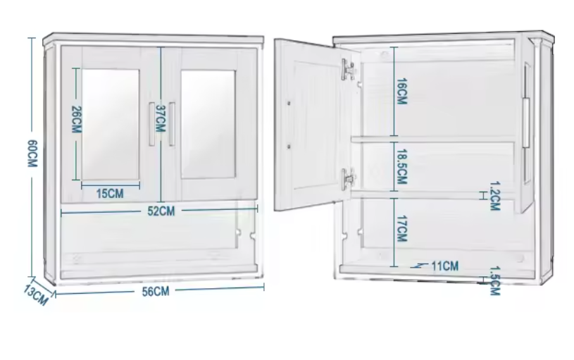 Badkamerkast met Spiegel – Hangende Wandkast met Verstelbare Plank (56×13×60 cm)