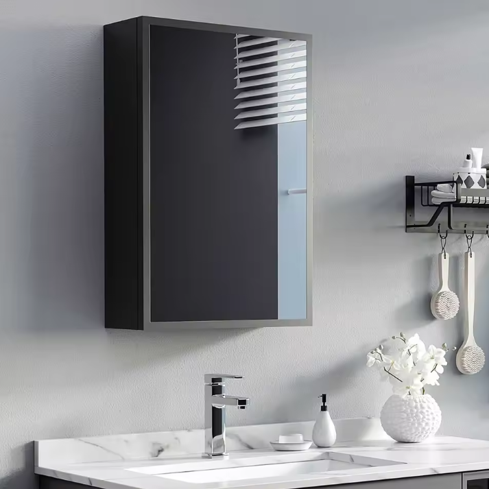 Moderne Wandspiegelkast 40×15×60 cm – Zwarte Badkamerkast met 3 Lagen