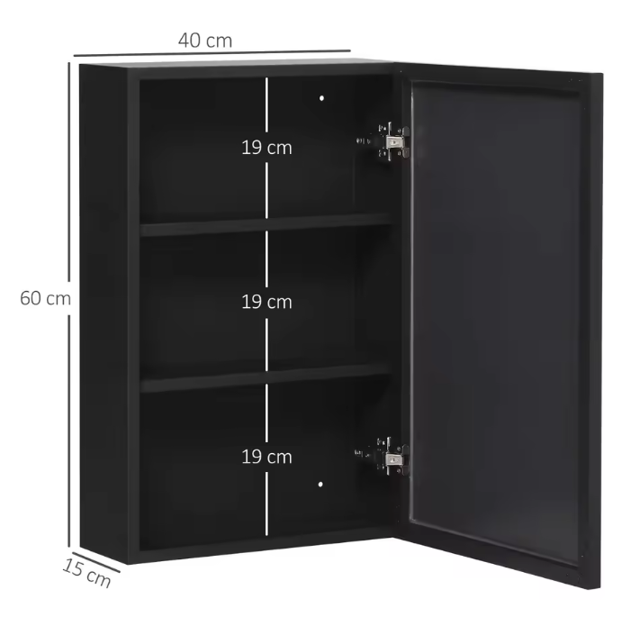 Moderne Wandspiegelkast 40×15×60 cm – Zwarte Badkamerkast met 3 Lagen
