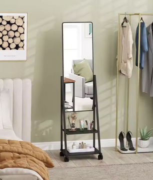 Staande Passpiegel met Planken en Wieltjes 42×155 cm – Zwart