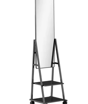 Staande Passpiegel met Planken en Wieltjes 42×155 cm – Zwart