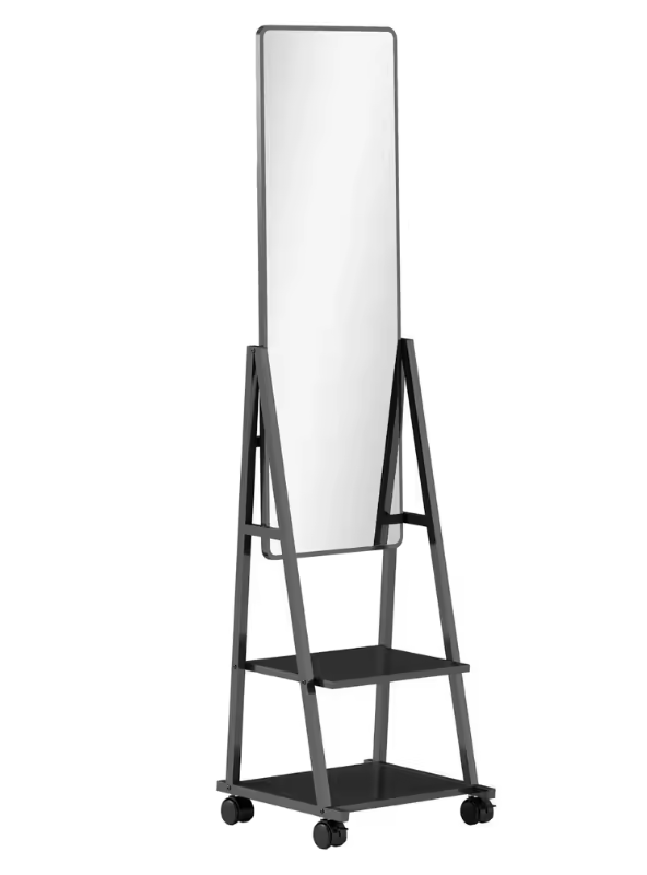 Staande Passpiegel met Planken en Wieltjes 42×155 cm – Zwart