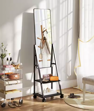 Staande Passpiegel met Planken en Wieltjes 42×155 cm – Zwart