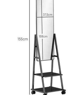 Staande Passpiegel met Planken en Wieltjes 42×155 cm – Zwart