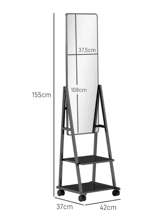Staande Passpiegel met Planken en Wieltjes 42×155 cm – Zwart